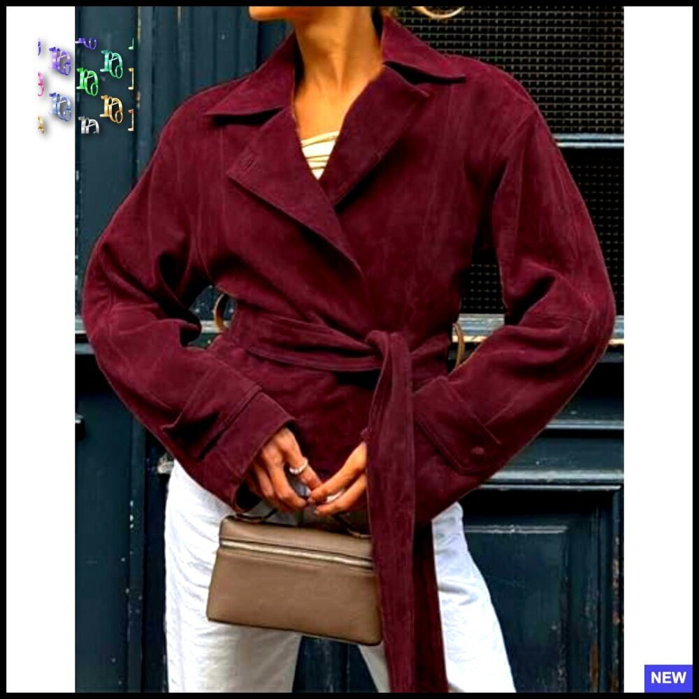 Faux Suede Cropped Wrap Coat Vintage Chic Belted Casual Jacket Fall Fashion - Picture 2 of 2